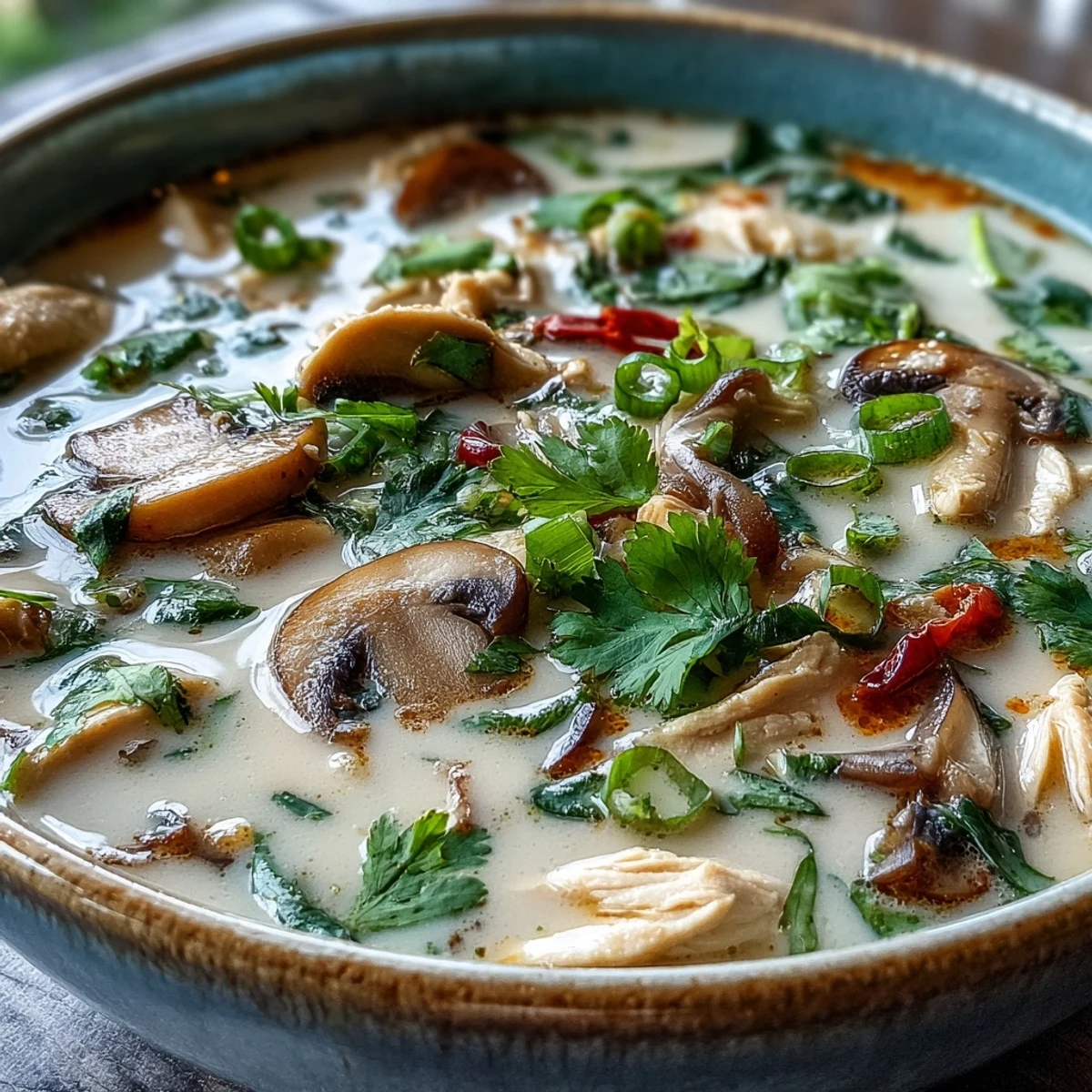 Creamy Thai Authentic Tom Kha Gai soup with tender chicken, mushrooms, and aromatic herbs in a white bowl with a lime wedge garnish.