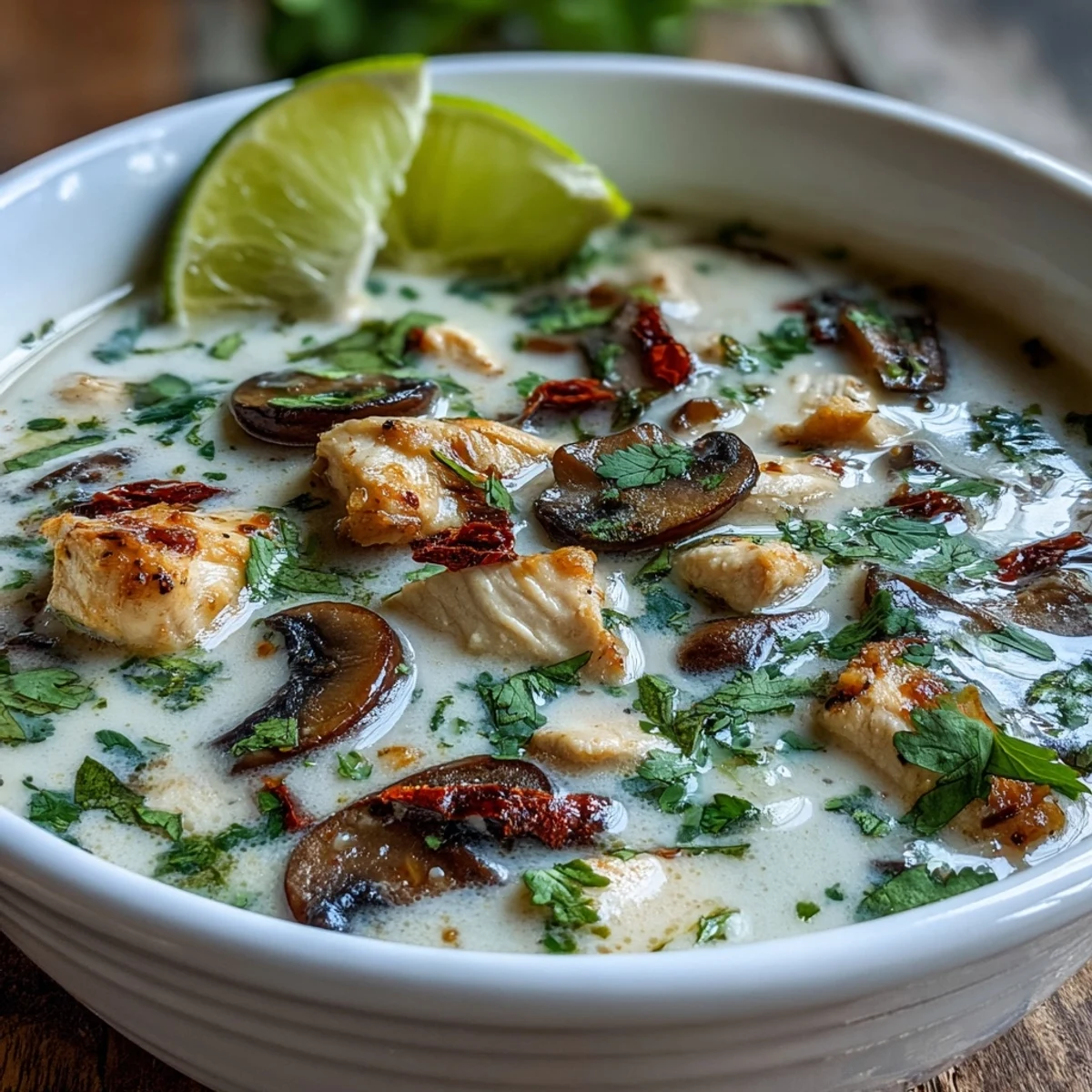 Creamy Tom Kha Soup with tender chicken, mushrooms, and aromatic Thai herbs in a white bowl.