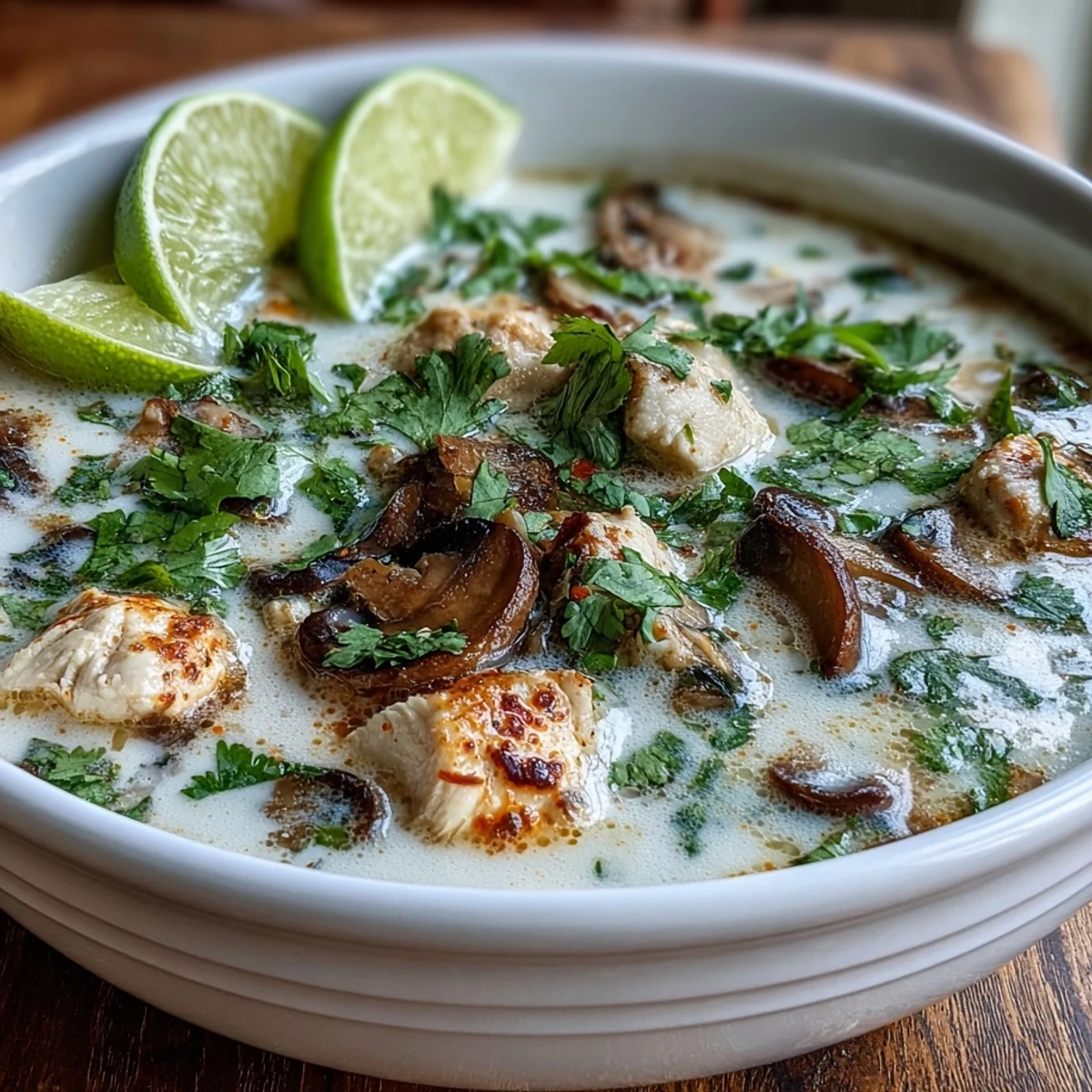 A fragrant bowl of Tom Kha Soup featuring sliced chicken, mushrooms, and chili garnish in a coconut base.
