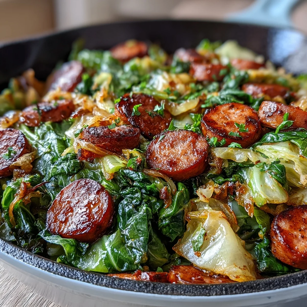 Sizzling skillet of Smothered Cabbage With Sausage featuring red bell pepper and onions in a savory sauce.