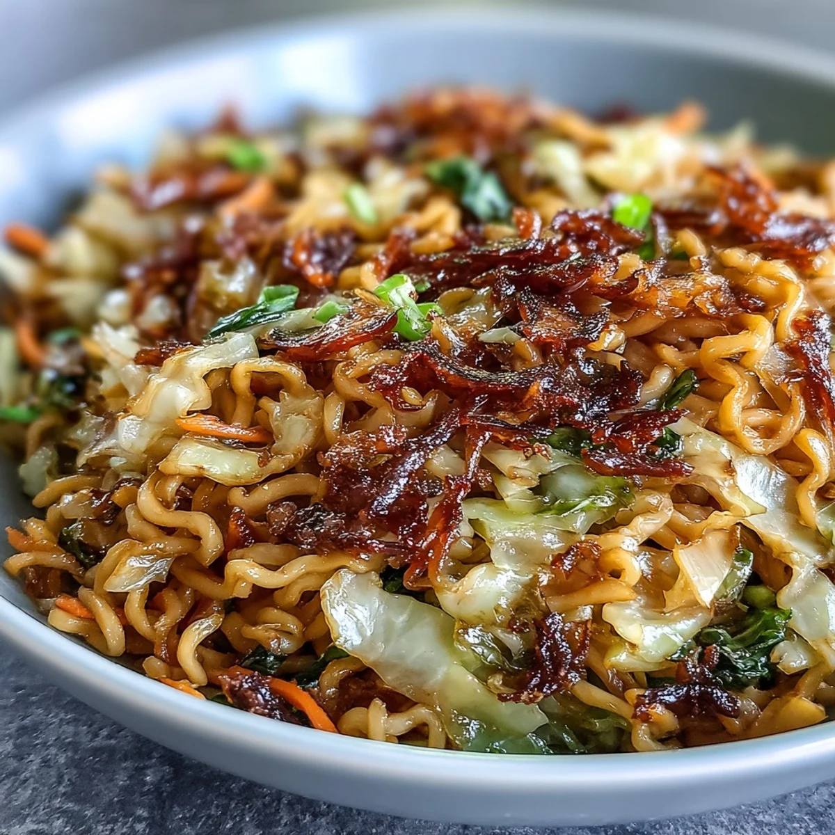 Steaming bowl of Fried Cabbage Ramen stir-fry, featuring chewy noodles and crispy browned cabbage topped with fresh scallions.