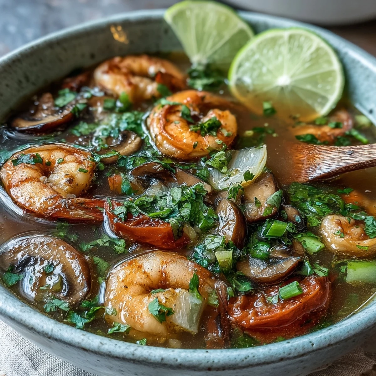 Steamy bowl of Tom Yum Soup garnished with fresh shrimp, cilantro, and sliced chiles.
