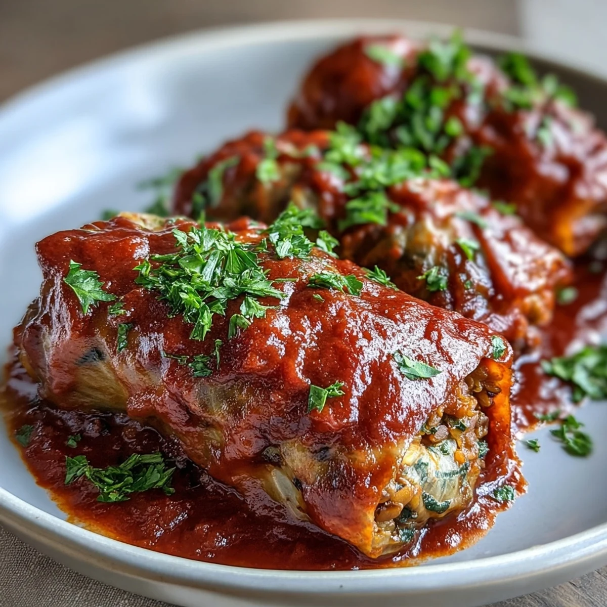 Golden brown Baked Vegan Cabbage Rolls sit in a ceramic dish, smothered in rich tomato sauce and fresh parsley garnish.