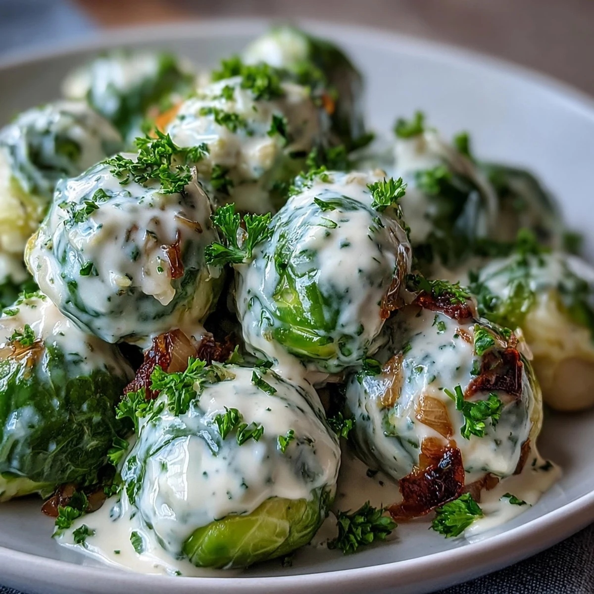 Roasted Brussels sprouts in creamy cheese-mustard sauce garnished with fresh parsley, served warm in a skillet.
