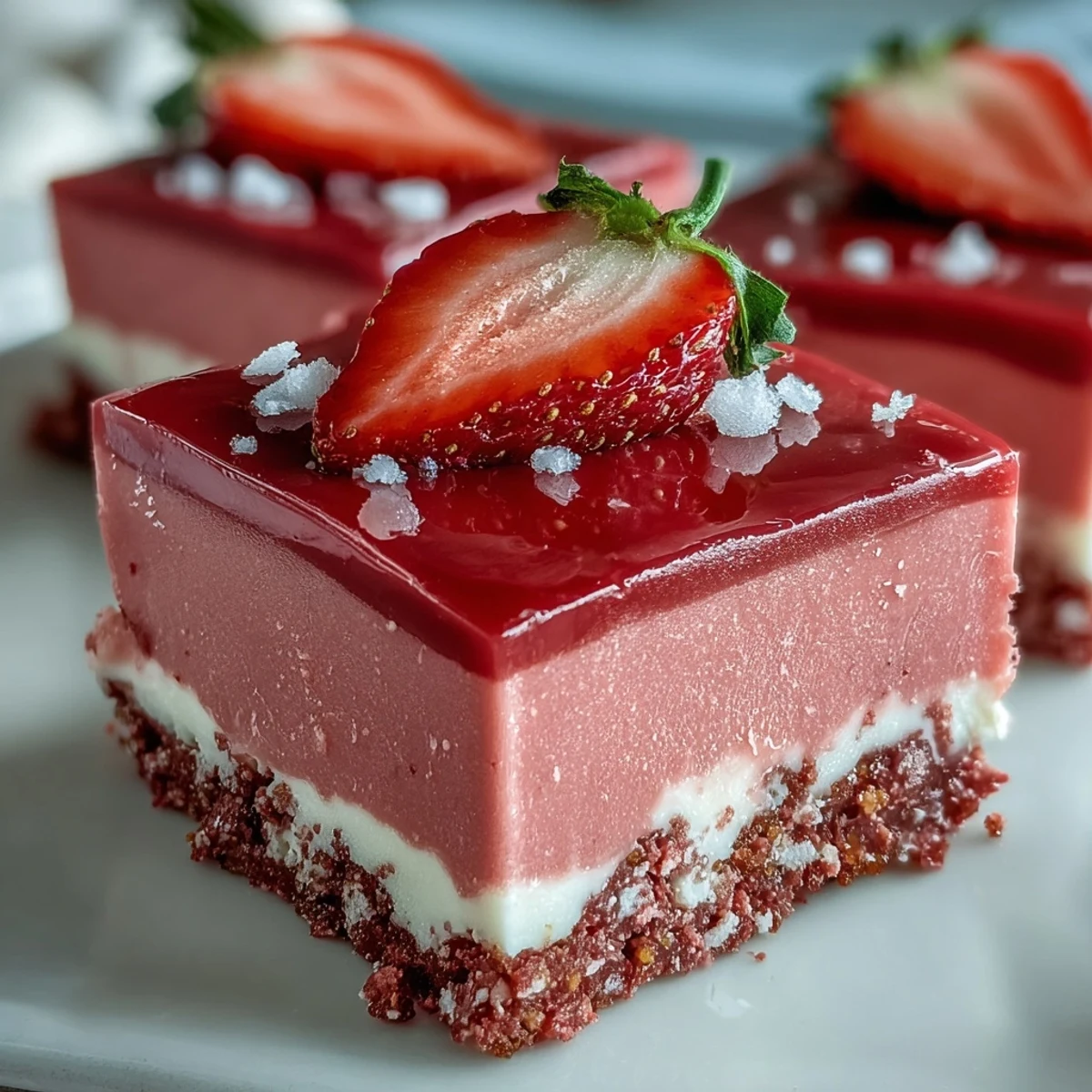 Square cut No-Bake Strawberry Fudge Squares on a plate, showcasing a pink white chocolate layer and crunchy graham cracker base.