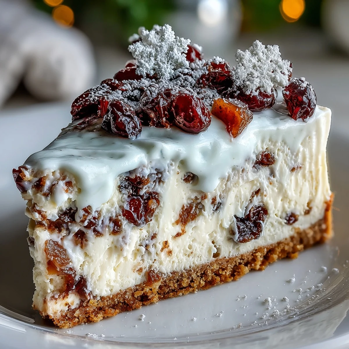 Festive Christmas Cheesecake Slab with creamy spiced filling, topped with whipped cream and powdered sugar, served on a decorative platter.