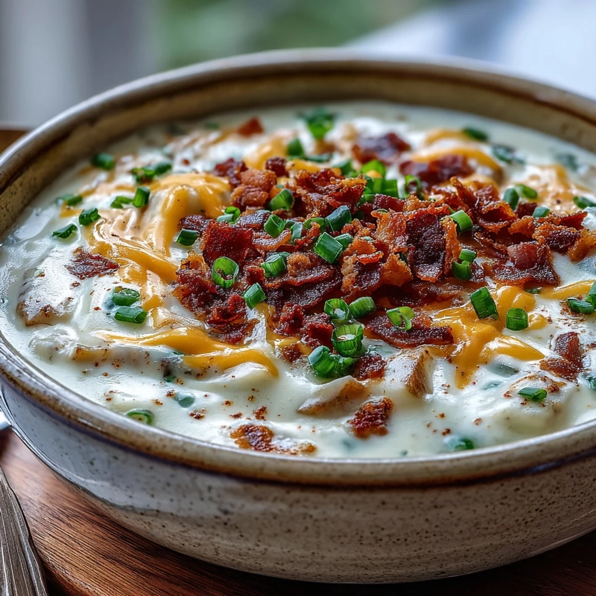 Creamy Loaded Potato Soup with crispy bacon, melted cheddar, and fresh green onions in a rustic bowl.