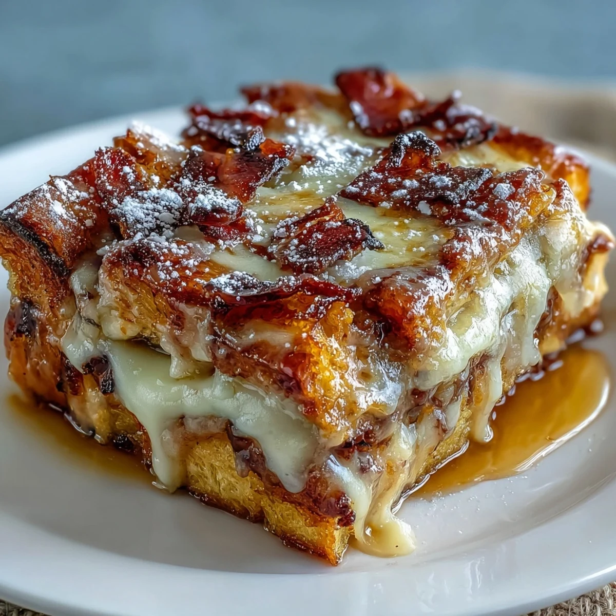 Golden Monte Cristo Breakfast Casserole slice with layers of ham, turkey, Swiss cheese, and cinnamon vanilla soaked bread cubes.