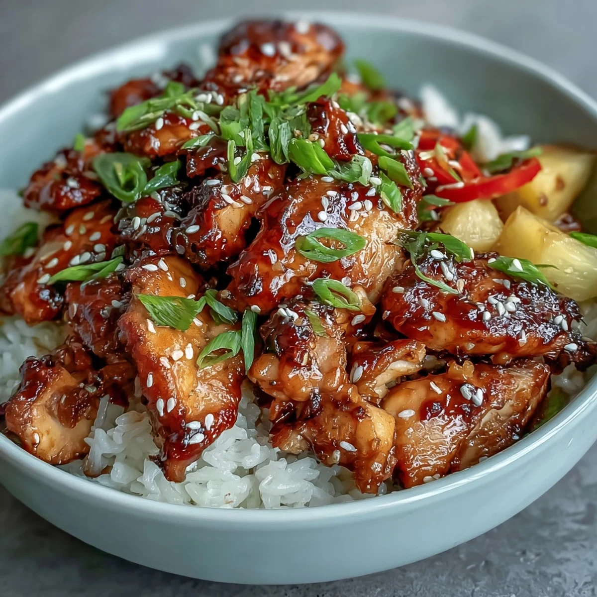 Teriyaki Chicken and Rice Bowl features tender chicken glazed in glossy sauce over fluffy rice with stir-fried vegetables and fresh pineapple.