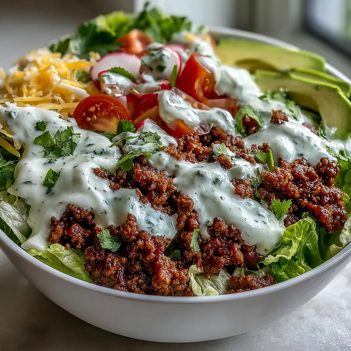 Seasoned ground beef and crisp romaine in a Healthy Taco Bowl, topped with fresh pico de gallo and creamy lime yogurt crema.