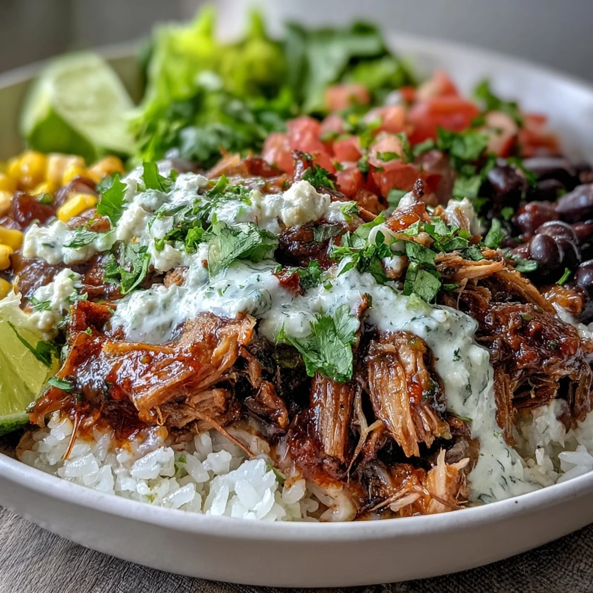 A vibrant Carnitas Burrito Bowl ready to eat, featuring fluffy rice, savory carnitas, and colorful toppings with lime wedges on the side.