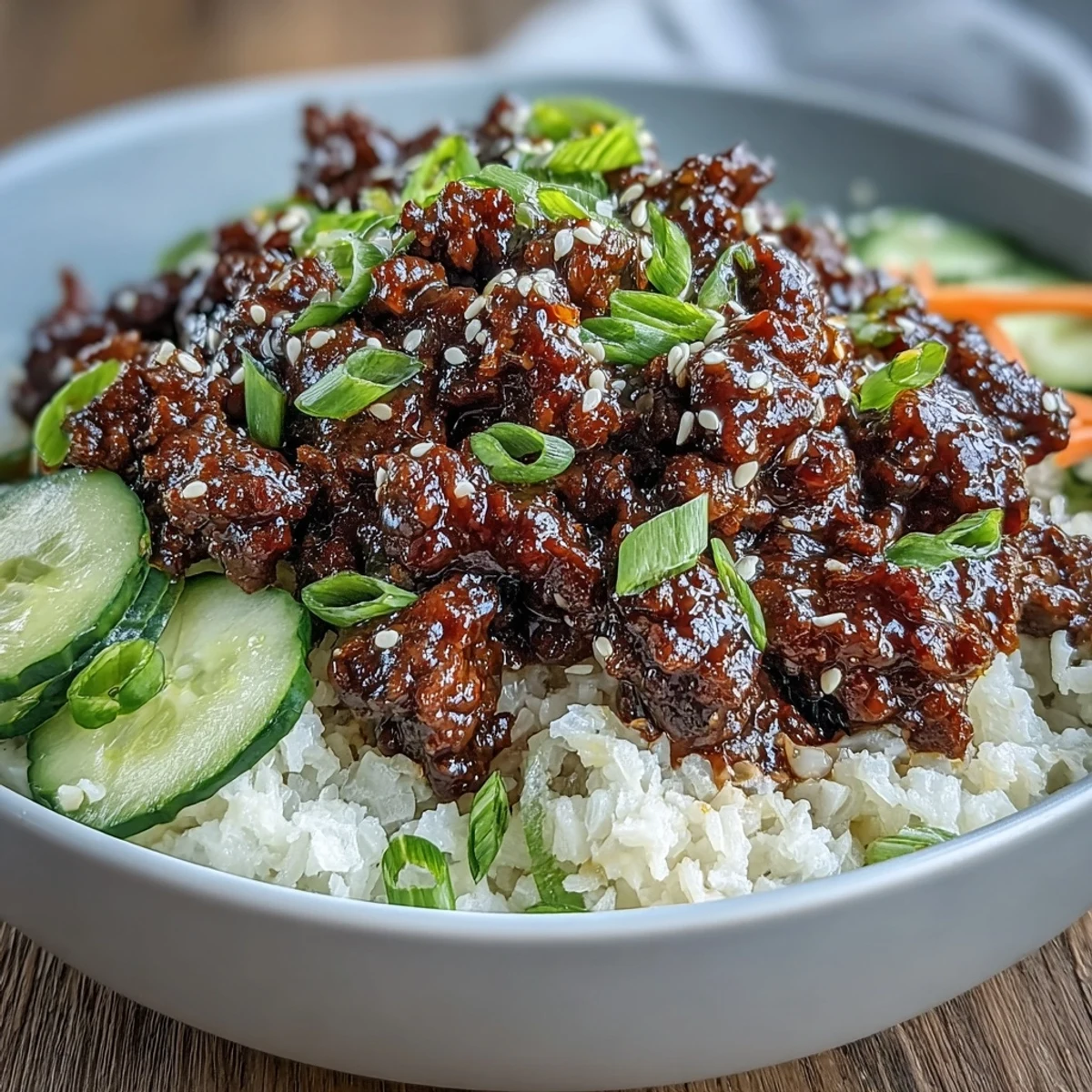 Garnished Easy Korean Beef Bowl with sliced cucumbers, carrots, and sesame seeds over fluffy white rice.
