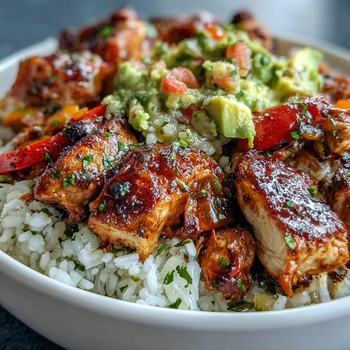 Golden-brown Sheet Pan Chicken Tinga Bowl features smoky chipotle chicken and roasted bell peppers piled high on fluffy white rice with chunky avocado salsa.