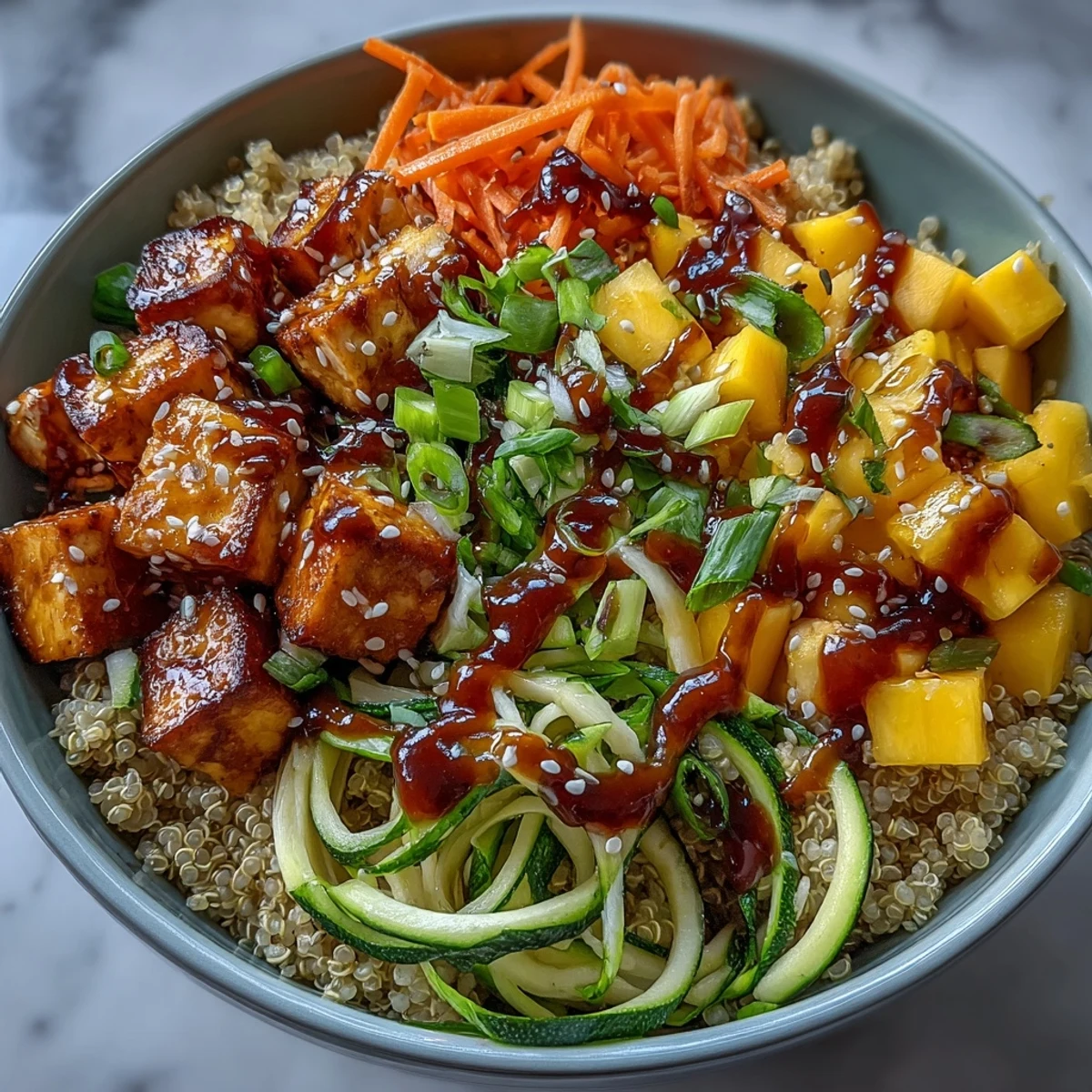 Fork-tender baked tofu and vibrant spiralized veggies on fluffy quinoa, all tossed in a glossy homemade teriyaki glaze.