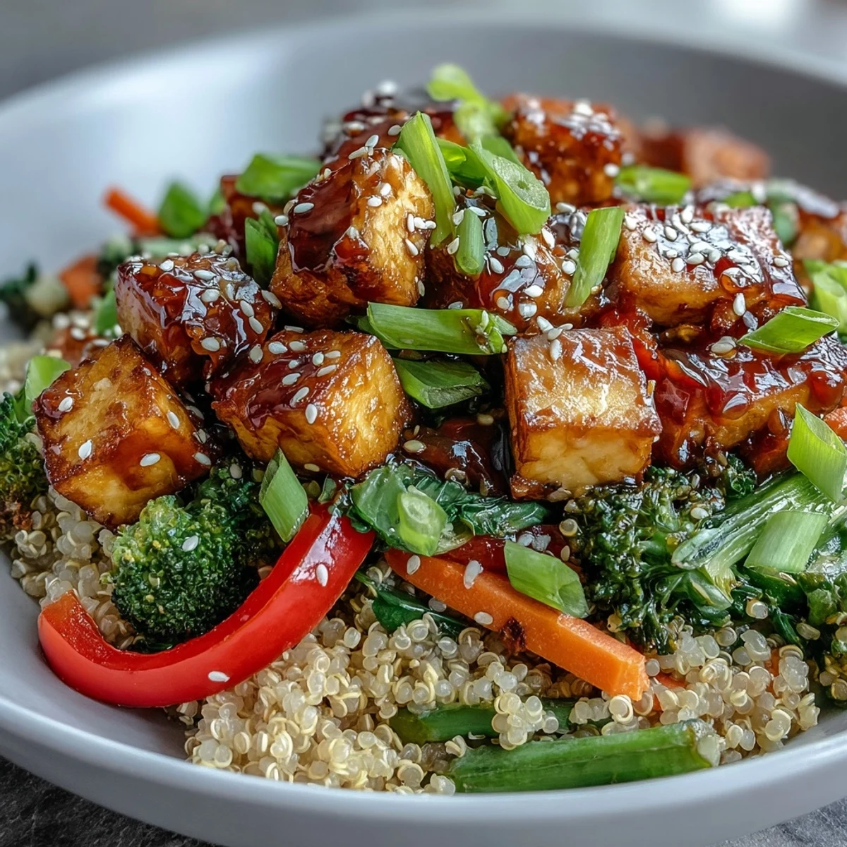 Close-up of a wholesome Quinoa Vegetable Teriyaki Bowl garnished with green onions, showcasing saucy tofu and crisp veggies.