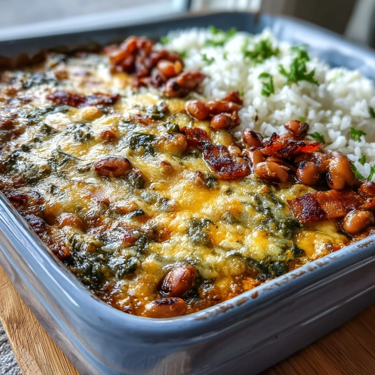 Freshly baked Tex Mex Black Eyed Pea Casserole with melted cheddar cheese, Rotel tomatoes, and crispy bacon.