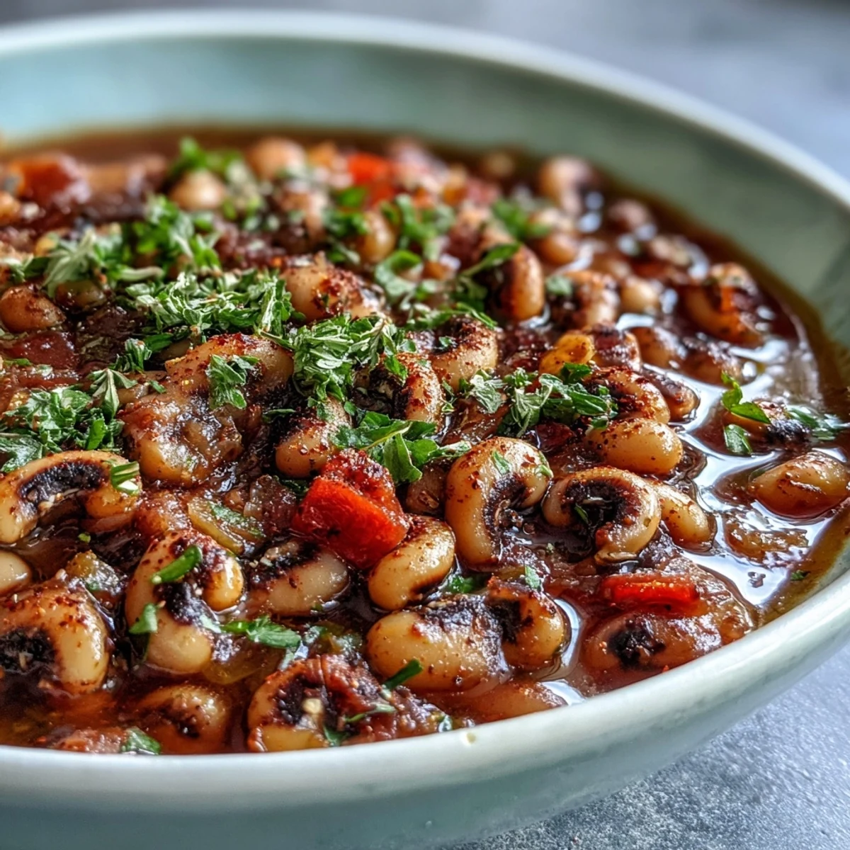 Greek-Style Slow Cooker Black-Eyed Peas simmered with tomatoes and oregano in a rustic slow cooker, ready to serve.