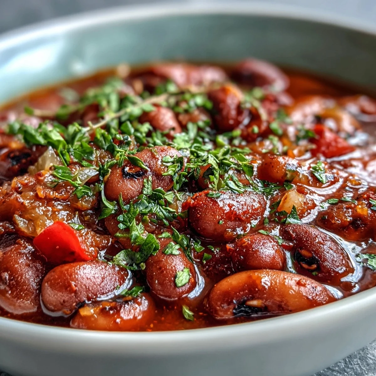 Vibrant ingredients like diced red bell pepper and onion for Greek-Style Slow Cooker Black-Eyed Peas prepped in a crockpot.