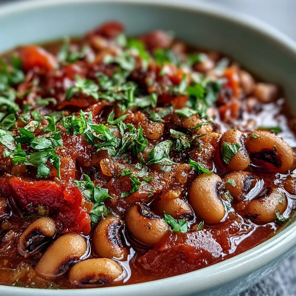 A hearty bowl of Greek-Style Slow Cooker Black-Eyed Peas topped with fresh parsley, feta, and lemon wedges.