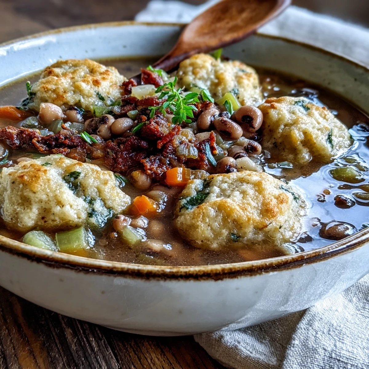Fresh parsley garnishes this hearty pot of Black-Eyed Peas and Sausage Dumplings, perfect for a cozy family dinner. 