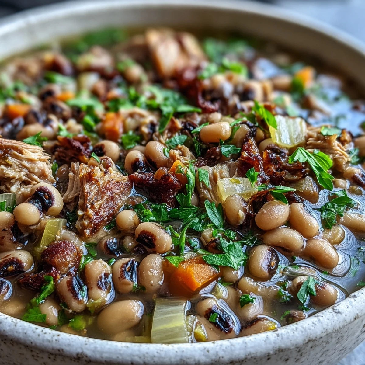 Tender black-eyed peas simmered with smoked turkey in a rustic pot, garnished with fresh parsley.