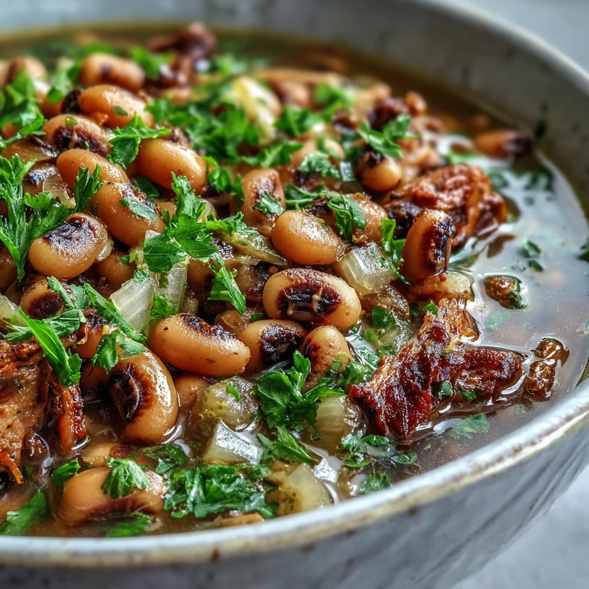 Hot sauce sits beside a steaming bowl of Black-Eyed Peas With Smoked Turkey, ready to serve.