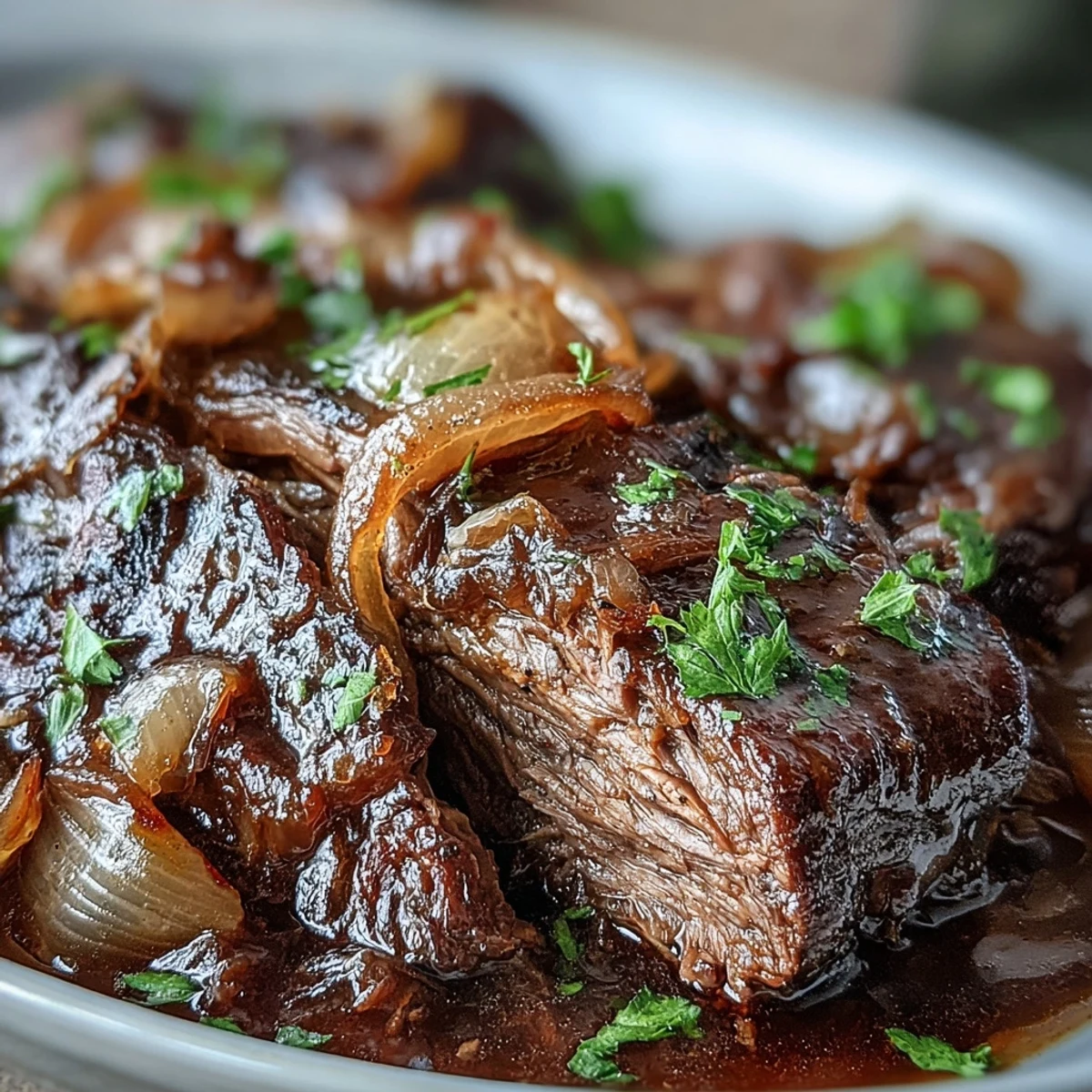 Slow cooker French onion pot roast features tender beef slices swimming in rich, caramelized onion juices and topped with melted Gruyere cheese.