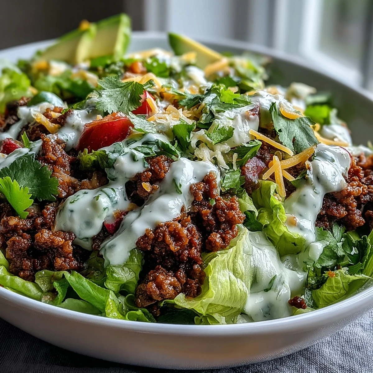 A vibrant Healthy Taco Bowl featuring seasoned beef, radishes, cilantro, and a drizzle of zesty yogurt crema over cold greens.