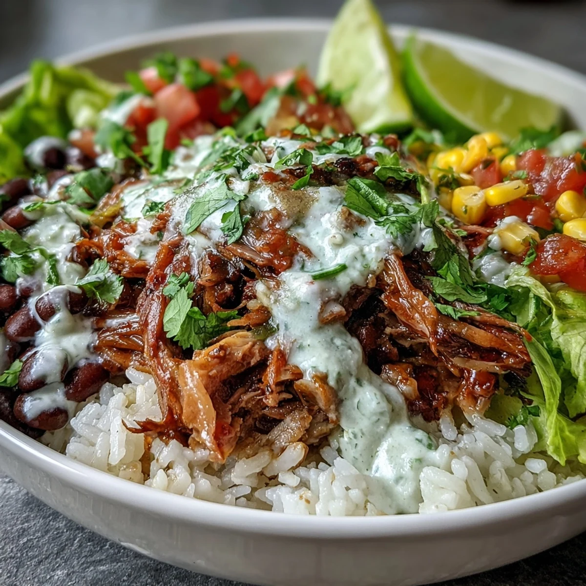 A close-up of a hearty Carnitas Burrito Bowl filled with tender pork, sweet corn, zesty salsa, and fresh cilantro garnish.
