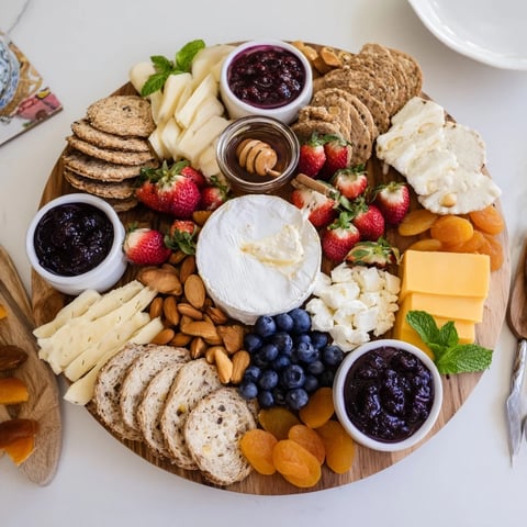 Colorful jam-infused brunch board with fresh fruits and artisan breads for gatherings.  