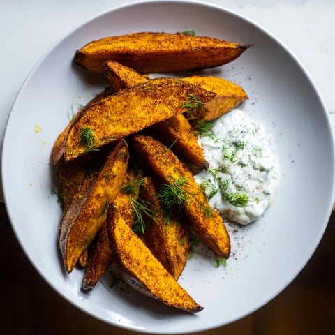 Golden-brown roasted sweet potato wedges glistening, served with a creamy herb yogurt dip.