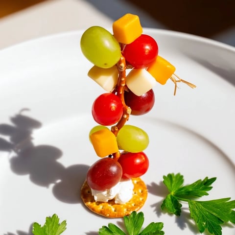 Up, Up, & Away Hot Air Balloon Snacks, colorful fruit and cheese creations held aloft by pretzel sticks.