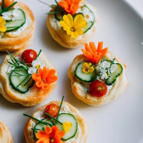 Golden baked Fairy Garden Flower Shaped Snacks topped with colorful vegetable "petals" and cream cheese.