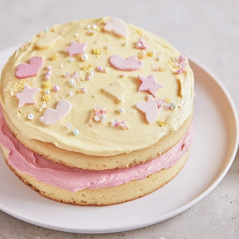 A freshly frosted Château de Princesse Cœurs et Étoiles cake, decorated with charming heart and star sprinkles.