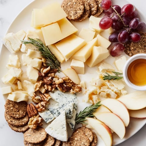 A beautifully arranged cheese plate with Brie, cheddar, and cracker rings, ready to serve.