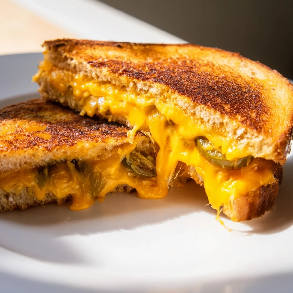 A close-up of Cheddar Jalapeño Grilled Cheese showing melted cheese and pickled jalapeños on golden buttery sourdough.