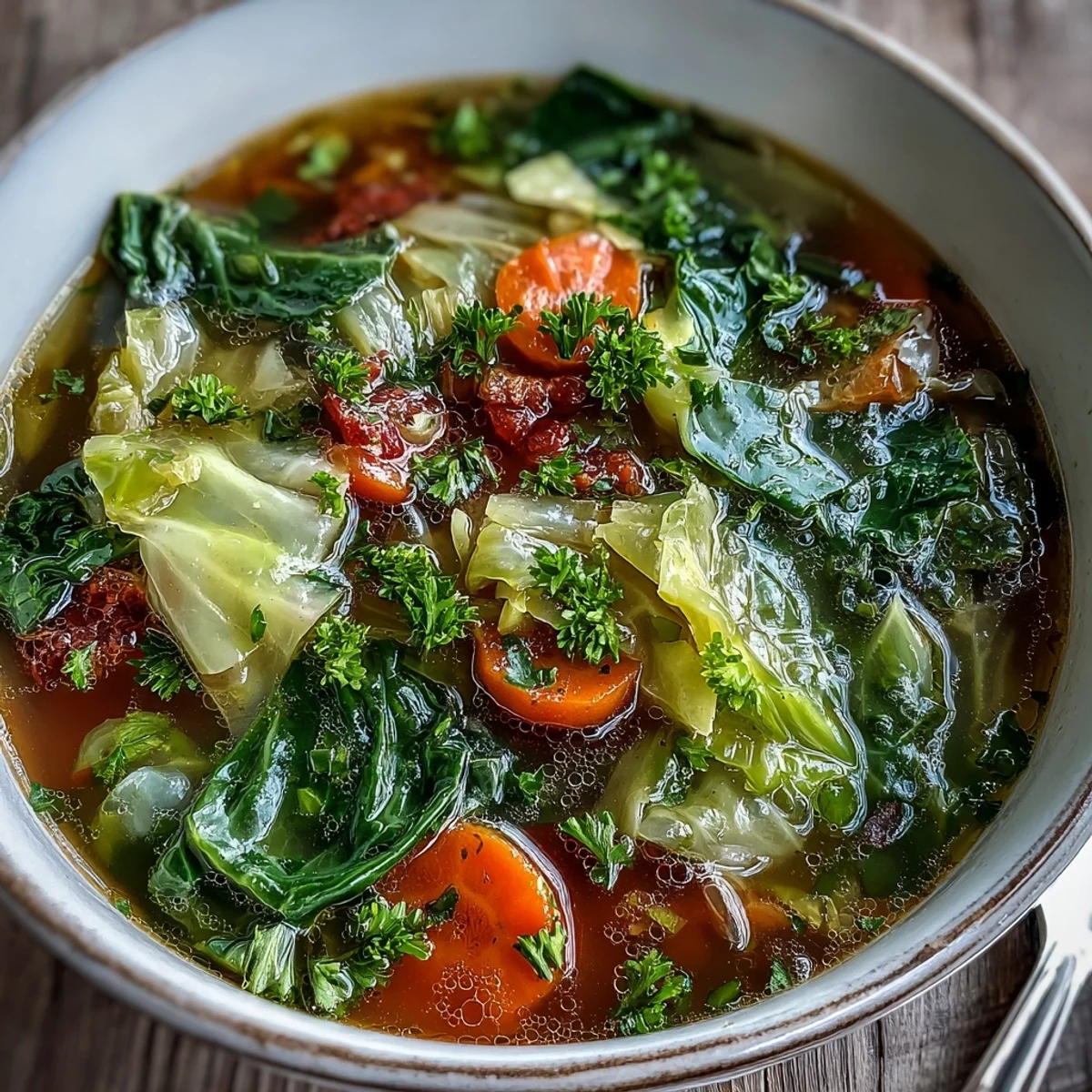 Classic Cabbage Soup steaming in a rustic bowl, showcasing tender green cabbage and diced carrots in a rich tomato broth.