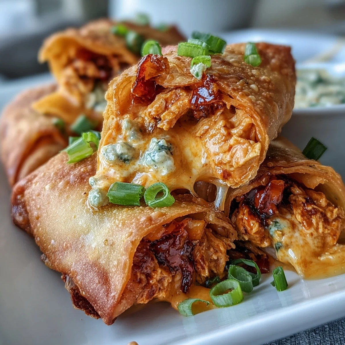 Golden-brown Buffalo Chicken Dip Egg Rolls fresh from the fryer, with a side of ranch dressing and celery sticks for dipping.  
