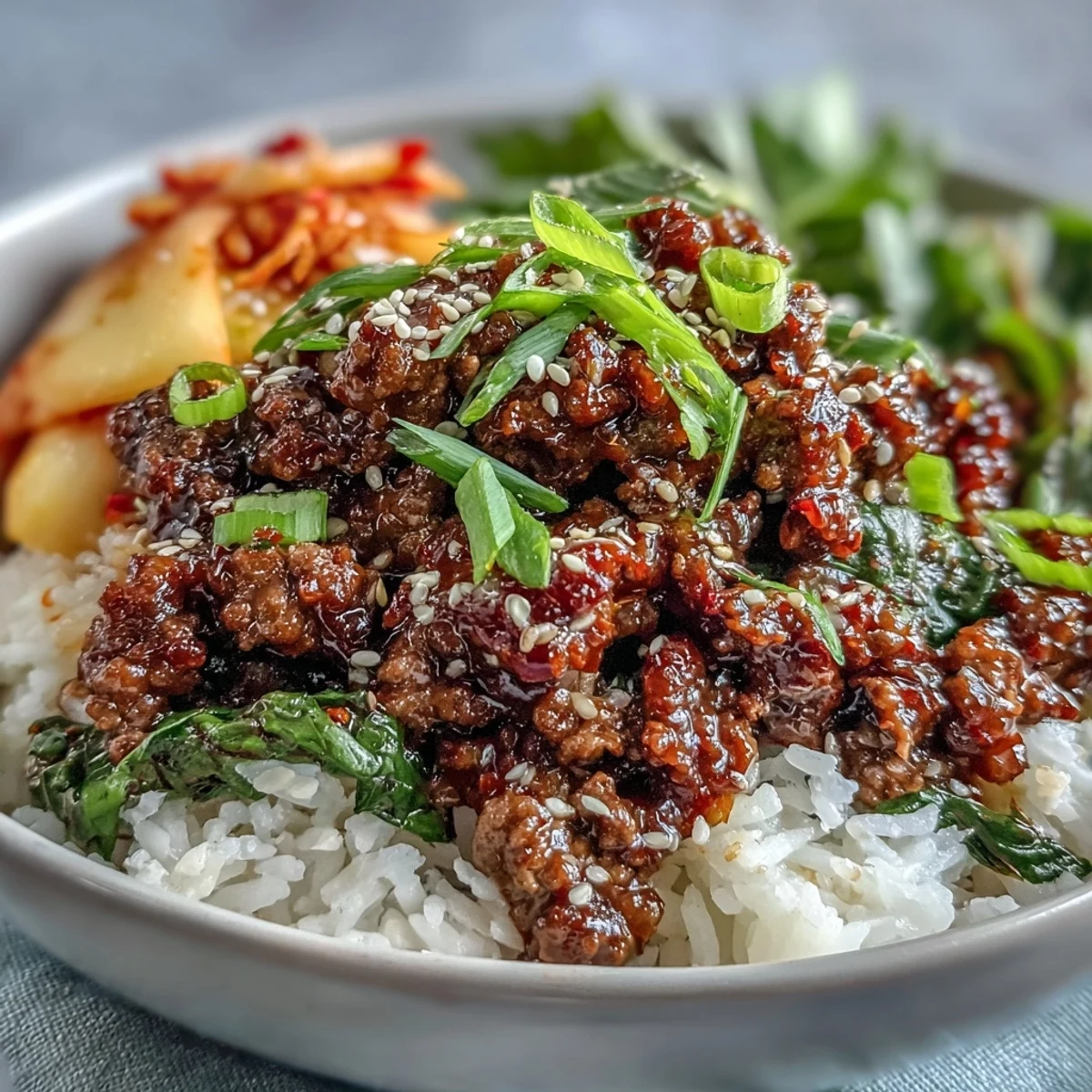 Steaming bowl of Korean Ground Beef Bowl, featuring gochujang-spiced beef, vibrant vegetables, and sesame seeds over rice.  