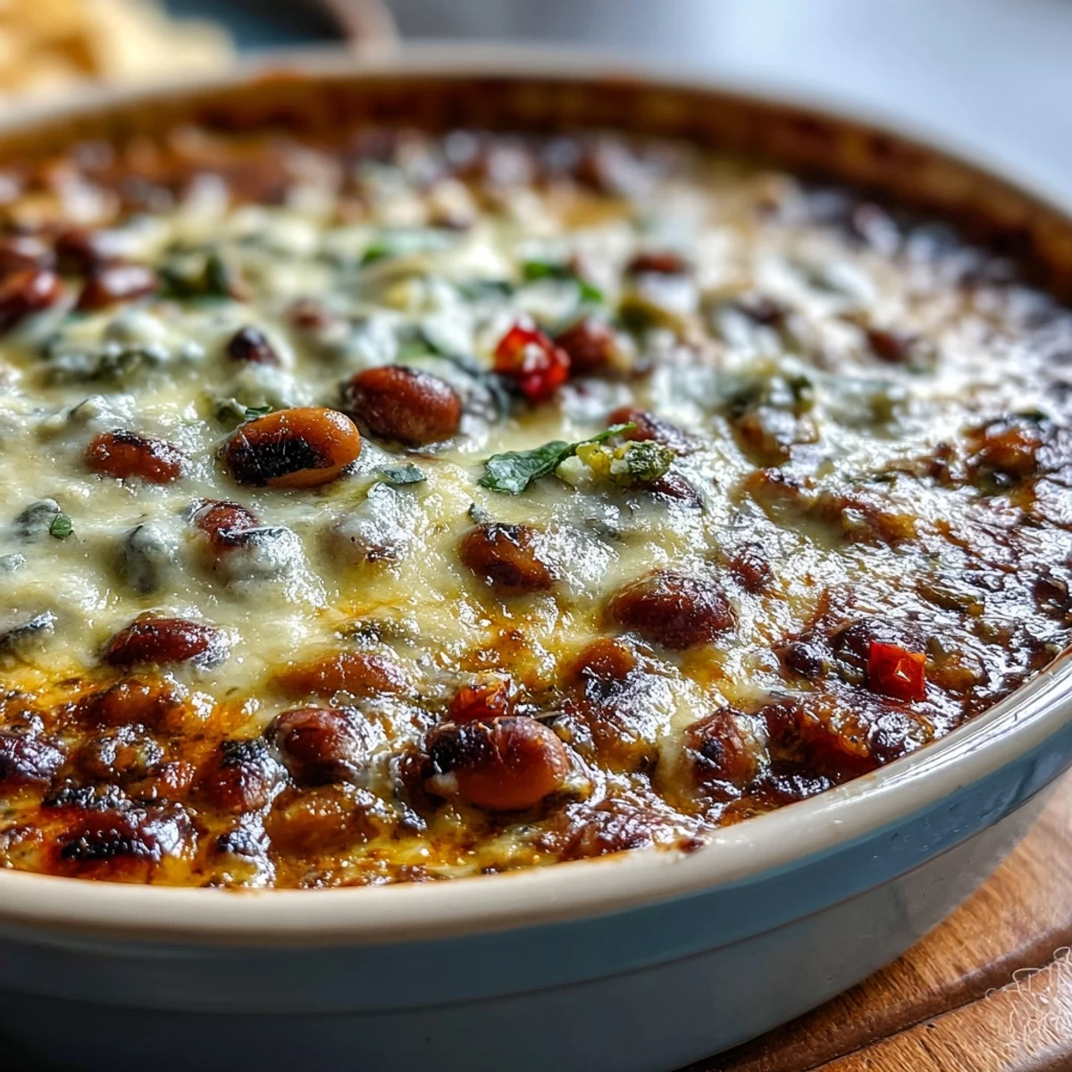 Hot Black-Eyed Pea Dip baked golden brown and bubbly in a ceramic dish with tortilla chips for dipping.