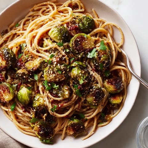 Vibrant bowl of maple-soy roasted Brussels sprouts pasta, showcasing caramelized veggies.  
