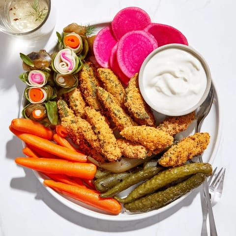 Tangy pickle lovers meal featuring crunchy fried pickles and cheesy bites.  
