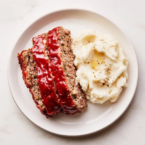 Hearty Classic Meatloaf & Mashed Potatoes, steaming and perfectly sliced, served with fluffy potatoes.