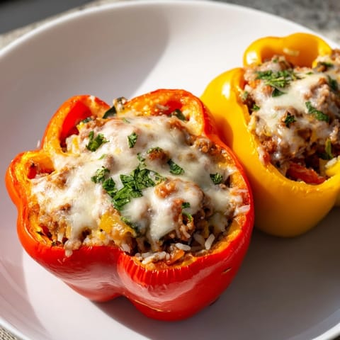 Savory ground turkey and rice mix overflowing from vibrant baked stuffed peppers.