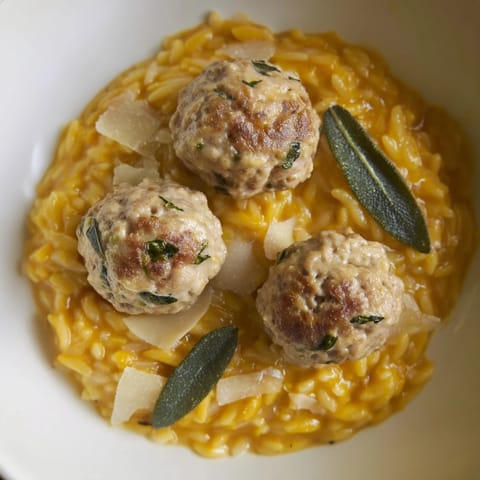 Close up shows tender sage turkey meatballs nestled with bright orange pumpkin orzo.
