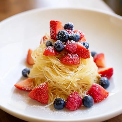 Quick Festive Pancake Spaghetti with vibrant berries and powdered sugar, a fun breakfast!