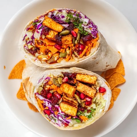 Crispy Sweet Chili Tofu Crunch Wrap reveals its delicious layers, including a festive, colorful slaw.