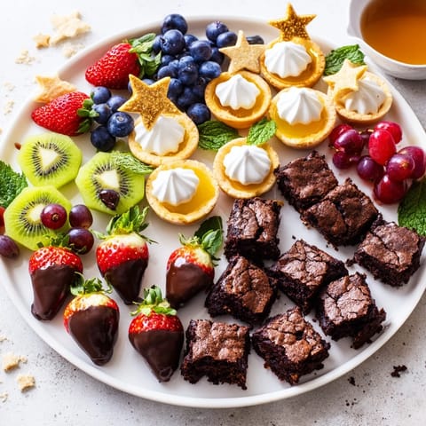 A beautifully arranged Star-Studded Dessert Board overflowing with bite-sized treats and fresh, colorful fruits.