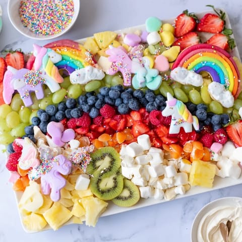 A close-up of a colorful, delightful Magical Unicorn Rainbow Dessert Board ready for a joyful party.