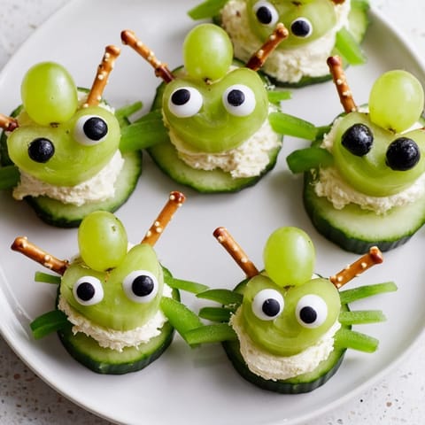 Close-up of playful Little Green Men Alien Snack Attack, featuring fresh cucumber alien faces ready to eat.